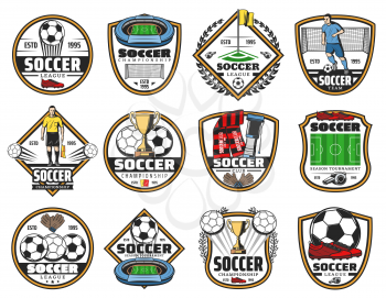 Soccer sport game championship label with football team match symbol. Football stadium with soccer ball, winner trophy cup and player, goal gate, play field and referee for sport club badge design