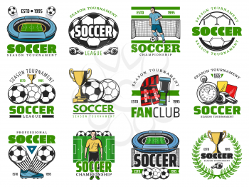 Soccer ball and winner cup icon for football sport game design. Soccer stadium play field with football team player, goal gate and referee for sporting tournament and fun club emblem design