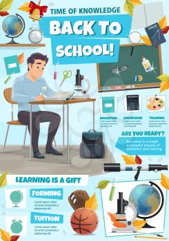 Back to school information poster with education tips and class supplies icons. Student sitting at desk with book, microscope and globe, pencil, pen and ruler, blackboard and backpack banner design