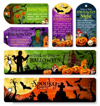 Halloween festive tag and october holiday night party label design. Horror pumpkin lantern, bat and spider net, zombie, ghost house and cemetery gravestone, moon, skeleton skull and witch potion