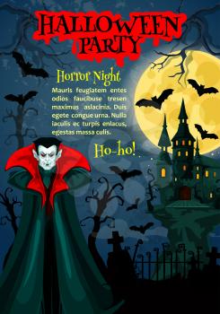 Halloween horror night party poster with fear vampire. Spooky house or castle of Dracula with bat, full moon and cemetery gravestone for october holiday celebration festive banner or flyer design