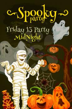 Halloween night party poster with spooky monsters. October holiday pumpkin, ghost and bat, spider net, mummy and witch potion for invitation flyer and promotion banner design