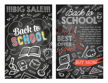 Back to School sale posters for education stationery shop discount offer on black chalkboard background. Vector school bag, geography globe or microscope and book or chalk on autumn maple leaf