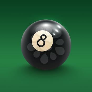 Eight pool ball on green billiard table 3d poster for billiards sport game design. Black ball with 8 number for snooker or billiards sport club and leisure activity themes design