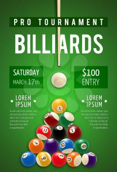 Billiard tournament poster for snooker and pool billiards sport game competition. Billiard pyramid with white ball and cue on green table for pool room or billiards club promo banner and flyer design