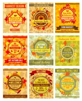 Autumn of Fall sale posters for autumn harvest market or store discount promo. Vector maple or chestnut and poplar leaf, oak or rowan berry and autumn birch leaves for seasonal shopping web banner