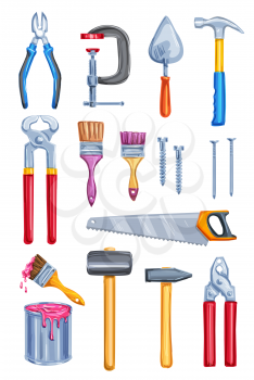 Work tool icon set of watercolor home repair instrument and equipment. Hammer, pliers and screw, paint, brush and roller, saw, nails and trowel, cutter, clamp and pincers for construction theme design