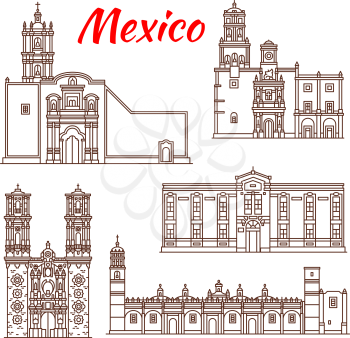 Mexican travel landmark thin line icon of religious tourist sights. Church of Saint Prisca, Convent of Santa Monica, Royal Chapel, San Francisco Church and Church of Santa Maria Tonantzintla