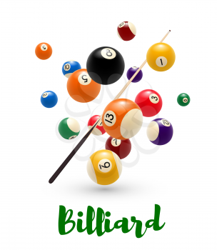 Billiard ball and cue poster. Billiards sport game tournament or snooker competition banner of colorful pool ball with numbers and billiard cue 3d illustration
