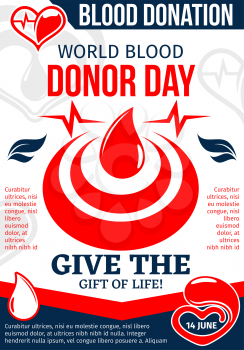 World Blood Donor Day medical poster with red drop of donation blood. Heart with blood and heartbeat line for volunteer donor center promo flyer or transfusion laboratory brochure template