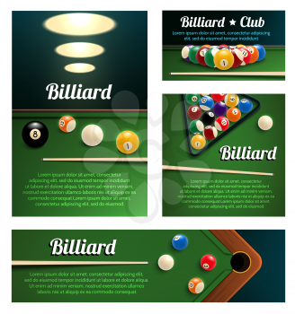 Billiard club and poolroom banner template. Billiard pool ball pyramid in starting position with cue and rack on green snooker table 3d poster for billiards sport game tournament flyer design