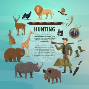 Hunting open season poster of safari hunter or hunt equipment and wild animals. Vector design of hunter with rifle gun and knife or binoculars, trophy lion or bear and zebra with aper hog