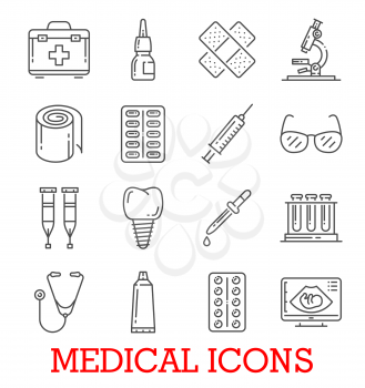 Medical thin line icons of dentistry, ophthalmology or therapy medicine. Vector isolated set of first aid kit, pills or dentist toot and injury patch, microscope or stethoscope and glasses