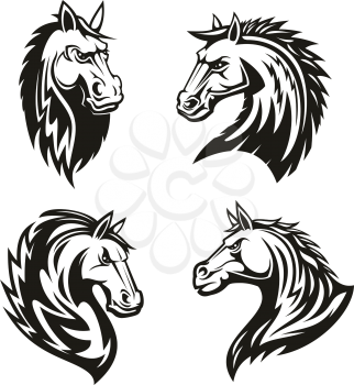 Horse head heraldic icons set for for tattoo design, chess team badge or equestrian sport club. Vector design of mustang or stalliion head with mane for royal coat of arms and heraldry signs