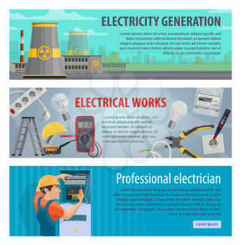electricity generation and electrician profession banners. Vector design of power plants, electricity repair work tools of socket, electrical wires with lightbulb and light switcher