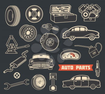 Auto parts and spare detail retro icons of car service. Vehicle engine, motor oil and wheel, automobile brake, battery and piston, tire, spark plug and steering wheel, speedometer, wrench and key