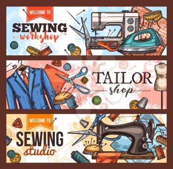 Sewing studio and tailor shop banner with atelier and dressmaker tool sketch. Sewing machine, fabric and needle, thread, scissors and pin, button, tape measure and mannequin advertising flyer design