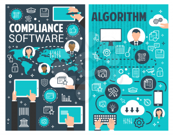 Business process algorithm and compliance software banner set for information technology concept. Computer and mobile application development for conforming to standard, market research and analysis