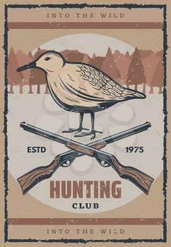 Bird hunt retro poster for hunting sport club design. Wild grouse grunge banner with vintage hunter rifle gun and forest tree on background for promo flyer template