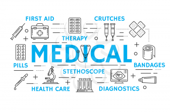Medicine and health care banner with medical treatment, diagnostics and therapy thin line icon. Thermometer, pill and syringe, stethoscope, test tube and microscope, first aid kit and crutches symbol