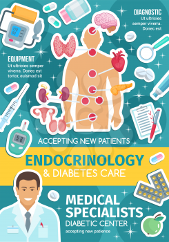 Diabetes clinic poster for endocrinology medicine design. Endocrinologist doctor, organs of endocrine system and medical treatment banner with heart, brain and thyroid gland, pill, insulin and larynx