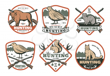 Hunting animal and bird with hunter rifle retro shield badge for hunt sport club template. Grouse, lynx and buffalo, squirrel, ferret and chukar symbol, decorated with antler, weapon and ribbon banner