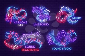 Music neon light sign of musical note for sound studio, live jazz concert and karaoke bar signboard design. Bright shining note, treble clef and stave symbol design on dark brick wall background