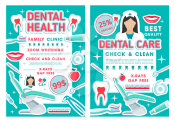 Tooth care discount offer posters for dental clinic or dentist office template. Caries treatment, oral hygiene and teeth whitening procedure promo banners with doctor tools, braces and floss
