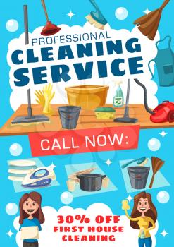 Cleaning service discount offer promotion poster design. House clean equipments and tools banner with bucket, detergent spray and brush, mop, broom and glove, sponge, soap bottle and vacuum cleaner