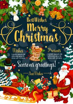 Merry Christmas wishes festive poster with winter holidays gift. Santa, snowman and sleigh with Xmas tree, present and holly berry greeting card, framed by New Year garland of fir branch, bell and bow