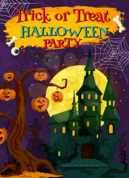 Halloween ghost house with october holiday pumpkin greeting banner. Spooky castle with Halloween lantern, creepy tree, bat and spider net, full moon and cemetery for trick or treat night party design
