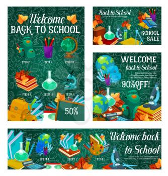 School sale promotion banner template set. Back to school special offer poster with pencil, book, paint and globe, calculator, scissors and backpack on chalkboard background with stationery pattern