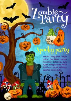 Zombie party invitation banner for Halloween holiday celebration. Creepy cemetery with horror tree, pumpkin lantern and zombie monster, skeleton skull, full moon and flying bat festive poster design