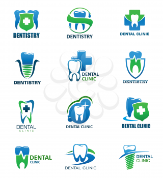 Tooth health care and dentistry medicine isolated icons. Dental clinic and dentist office symbols with teeth and implant, decorated by shield with cross and ribbon banner