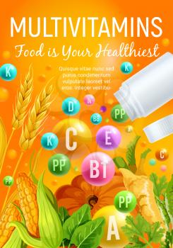 Multivitamin poster of vitamin rich food with vegetable, cereal and herb. Multivitamin pill and ball with corn, pumpkin and wheat, spinach, parsley and celery. Healthy nutrition banner design