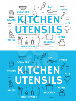 Kitchen utensil with cooking accessories, equipment and kitchenware thin line icon. Spoon, knife and fork, cup, pot and pan, whisk, grater and spatula, colander, cutting board and ladle poster design