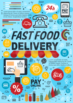 Fast food online order and delivery service infographics. Statistic graph and chart of fastfood restaurant meal preferences with thin line icon of junk snack and online shopping. Vector illustration