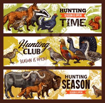 Hunting season and hunter club banners, animals and birds. Goose, fox and lynx, buffalo, bison and quail, grouse, badger and squirrel, partridge and ox. Vector sketch design