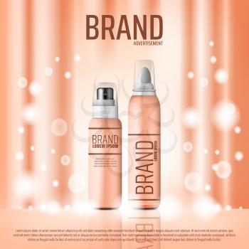 Cosmetics advertising banner of skin care or hairstyling product. Pink bottle mock up of cream, lotion or hair mousse 3d poster with shining silk background. Beauty salon vector promo