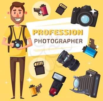 Photographer profession, photography professional equipment. Journalist or paparazzi with digital photo camera, lens and tripod, flash, photo film and memory card, vector cartoon style