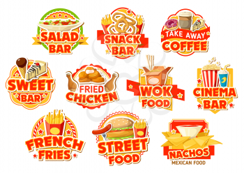 Fast food labels of salad and snack bar, cinema and mexican street food cafe. Burger, chicken and fries, nuggets, donut and coffee, cake, soda and noodle, nachos and ice cream vector icons