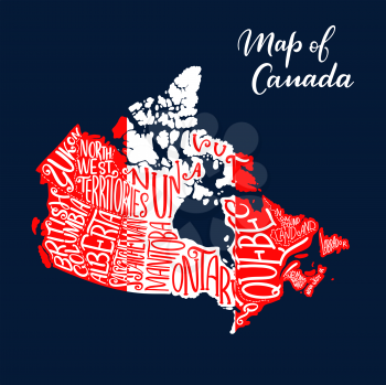 Canadian map with province and territory lettering in white and red colors of national flag. Map of Canada country. Travel, geography and cartography themes design