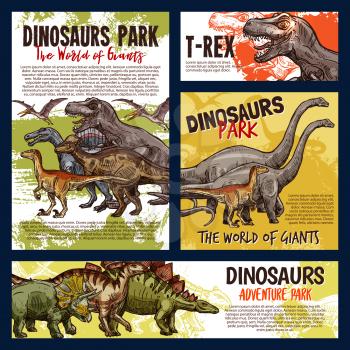 Dinosaur jurassic animal sketch of dino monster adventure park. Tyrannosaurus rex, stegosaurus and pterodactyl, velociraptor, diplodocus and triceratops prehistoric predatory reptile
