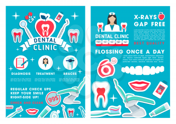 Dental clinic design with dentist check up, teeth diagnostics and treatment. Dentistry medicine special price posters with tooth, braces and floss, dental tool, toothbrush and toothpaste