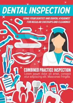 Dentist doctor, oral hygiene tool and diagnostic instrument banner with tooth, implant and braces, toothpaste and toothbrush. Dental medical poster, dentistry clinic promotion