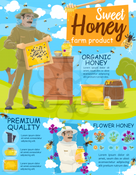 Beekeeper harvesting honey on apiary. Beekeeping farm. Apiarist checking frames of beehive poster with honey jar, flowers and honeycomb. Sweet food, apiculture themes design