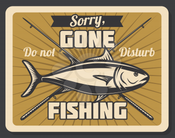 Gone fishing retro banner with fish and spinning rod. Outdoor hobby, recreation activity and fisherman sport club vintage poster