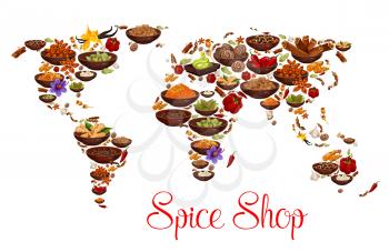 Spices and herbs on world map. Vector herbal seasonings and aroma condiments of vanilla, chili pepper or paprika and cinnamon with cloves seeds, ginger, curry or anise and turmeric with nutmeg