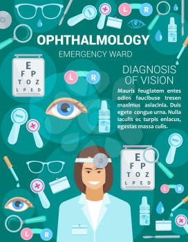 Ophthalmology clinic or medicine center and personnel. Vector design of ophthalmologist doctor, diagnostic and treatment items of glasses, optical test and lenses, eye dropper and pills