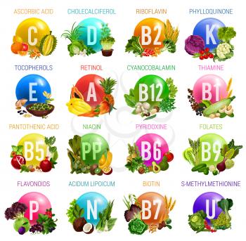 Vitamins and minerals in healthy food of salad vegetables, fruits, nuts, cereals and berries. Vector multivitamins of ascorbic acid, cholecalciferol or riboflavin and tocopherols or cyanocobalamin